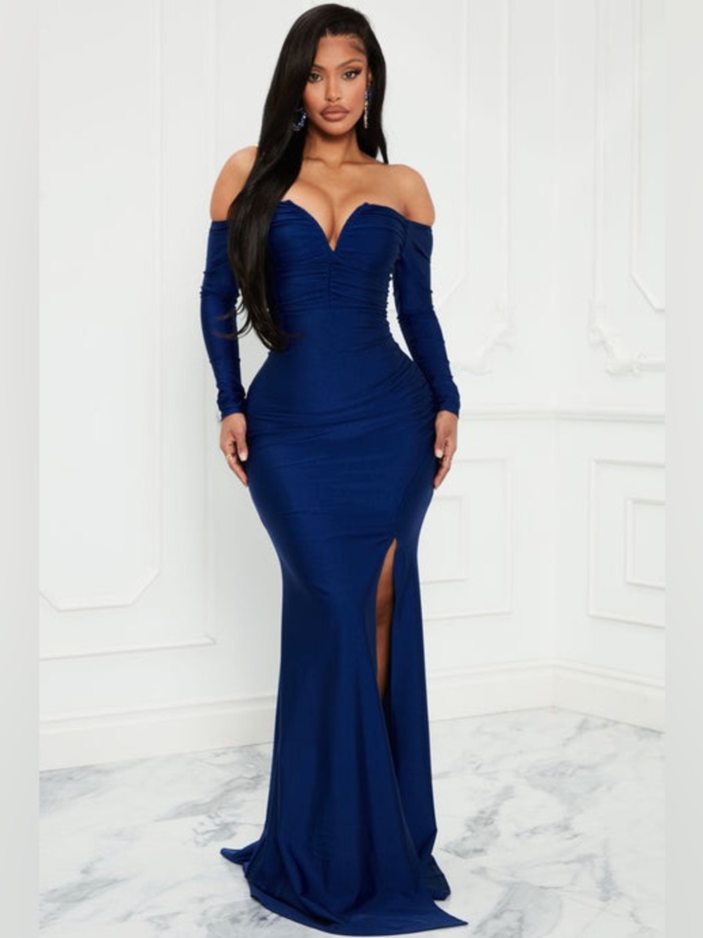 Fashion Nova Off-Shoulder Navy Blue Mermaid Gown with Front Slit